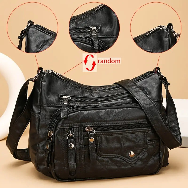 (Buy 1 Get 1 Free) Soft Vegan Multi Zipper Leather Shoulder Bag