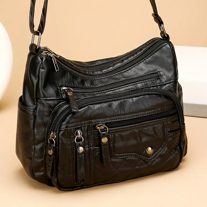 (Buy 1 Get 1 Free) Soft Vegan Multi Zipper Leather Shoulder Bag