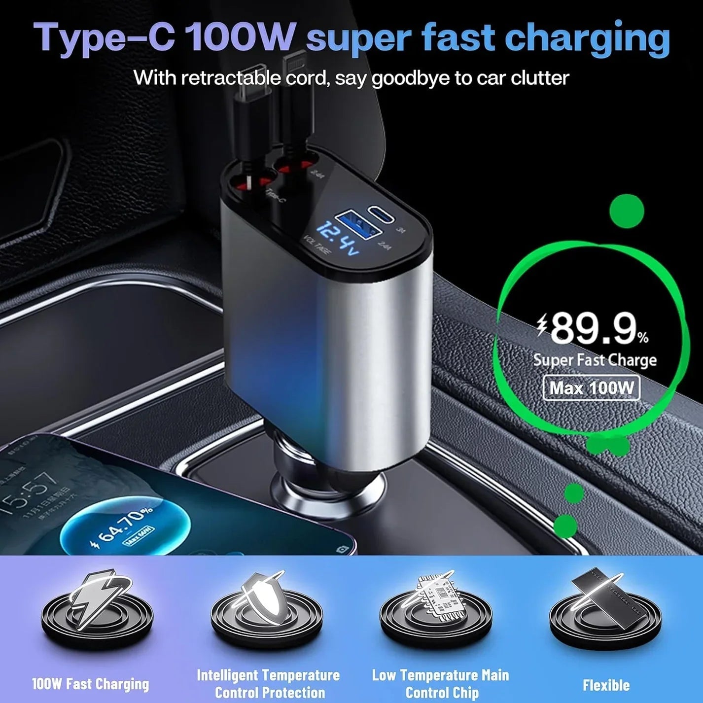 RETRACTABLE SUPERFAST CAR CHARGER (31 INCH, 120W) BUYBLISS™