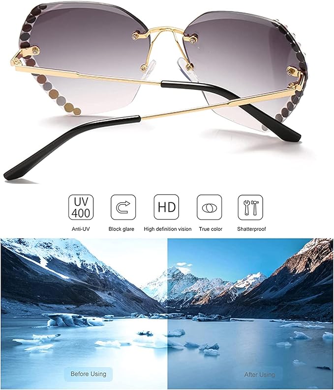 IMPORTED Rimless Diamond Designer Premium Lazer Finish Metal Frame Sunglasses || 400% UV Protection || Free Case