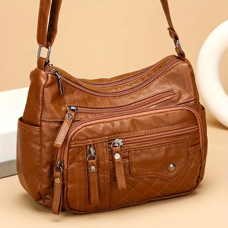 (Buy 1 Get 1 Free) Soft Vegan Multi Zipper Leather Shoulder Bag